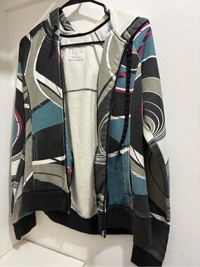 Hooded Abstract Print Jacket - Teal, Black, Gray, White & Pink
